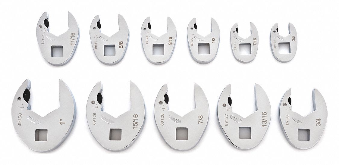 Crowfoot Socket Set: Alloy Steel, Chrome, 11 Tools, 3/8 in Drive Size, 6 Points