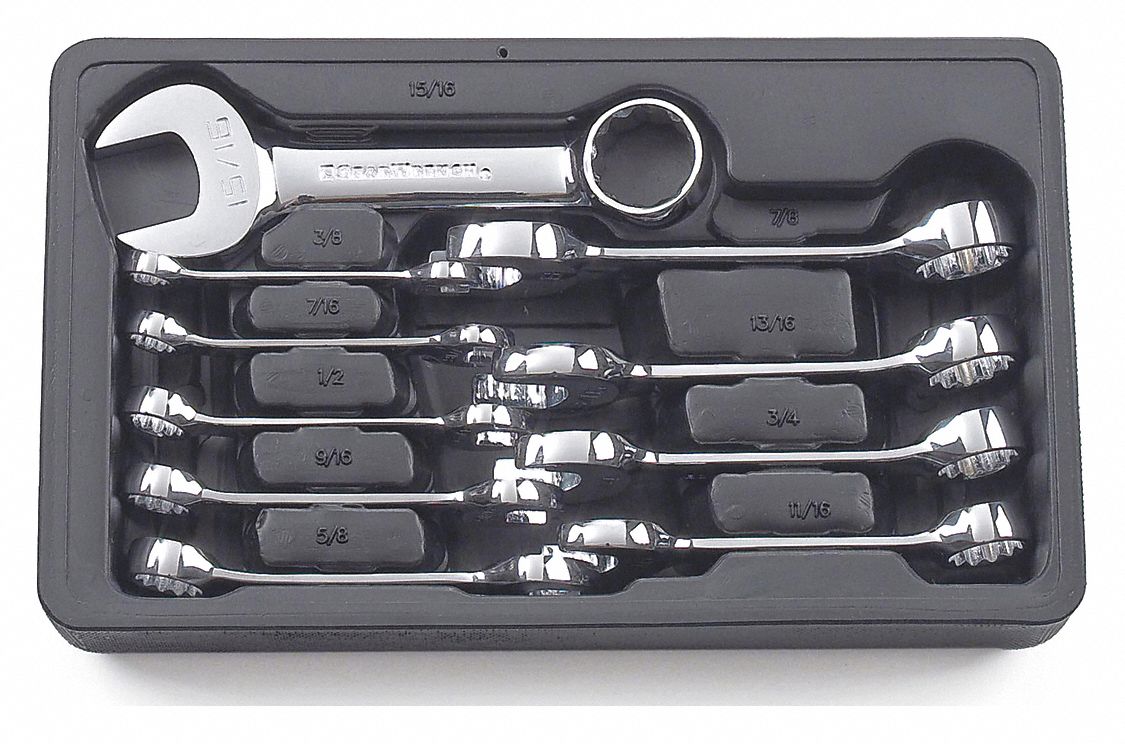 GEARWRENCH Combination Ratcheting Wrench Set: Alloy Steel, Full Polish Chrome, 10 Tools, Std, SAE (MPN 81905). Key specifications — attr309520: Full Polish Chrome; attr309519: Alloy Steel; attr309509: 3/8 in to 15/16 in; attr324929: GEARWRENCH; attr309522: No; attr309533: Yes.