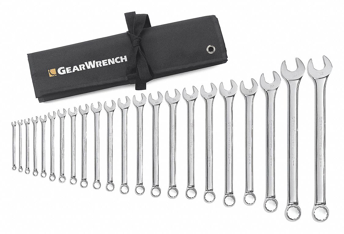Combination Wrench Set: Alloy Steel, Chrome, 22 Tools, 6 mm to 32 mm Range of Head Sizes