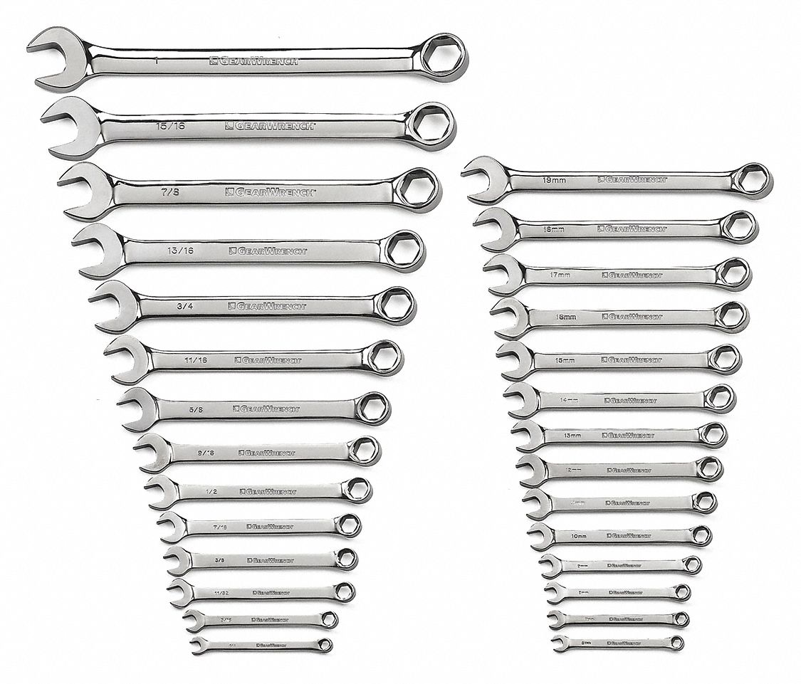 Combination Wrench Set: Alloy Steel, Chrome, 28 Tools, 15° Head Offset Angle, Offset