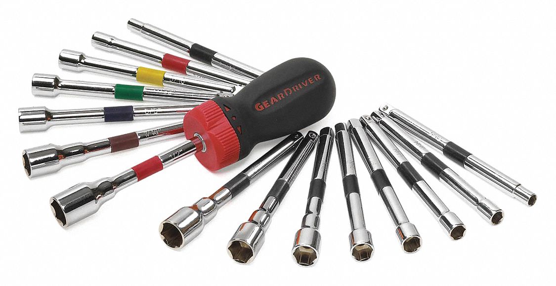 NUTDRIVER SET, 16 PIECES, METRIC, NOT INSULATED, RATCHETING, 5½ IN L, SAE