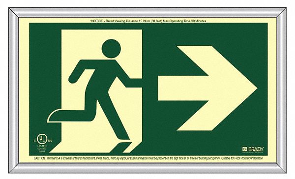 EXIT SIGN, RUNNING MAN ARROW RIGHT, 15 X 8 1/8 IN