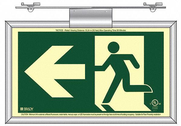 EXIT SIGN, RUNNING MAN ARROW LEFT, T-BAR, 2-SIDED, 15 X 8 1/8 IN