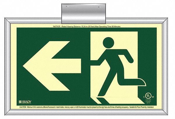 EXIT SIGN, RUNNING MAN ARROW LEFT, UNIVERSAL MOUNT, 15 X 8 1/8 IN