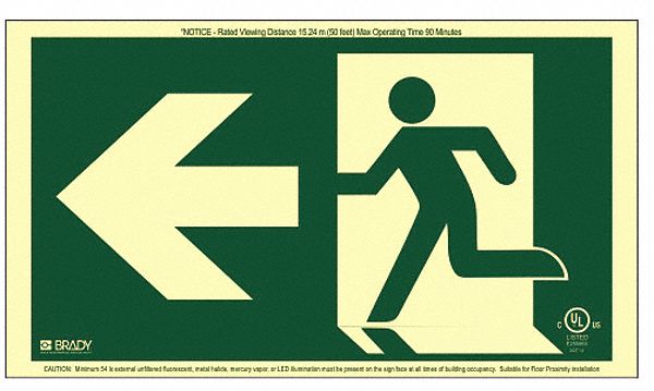 EXIT SIGN, RUNNING MAN ARROW LEFT, NO FRAME, 15 X 8 1/8 IN
