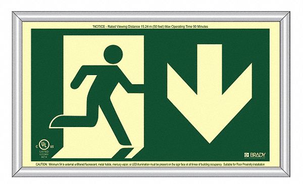 EXIT SIGN, RUNNING MAN ARROW DOWN, SURFACE MOUNT, 15 X 8 1/8 IN