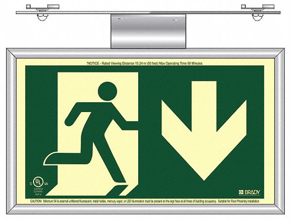 EXIT SIGN, RUNNING MAN ARROW DOWN, T-BAR, 15 X 8 1/8 IN