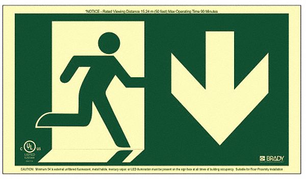 EXIT SIGN, RUNNING MAN ARROW DOWN, FRAMELESS, 15 X 8 1/8 IN
