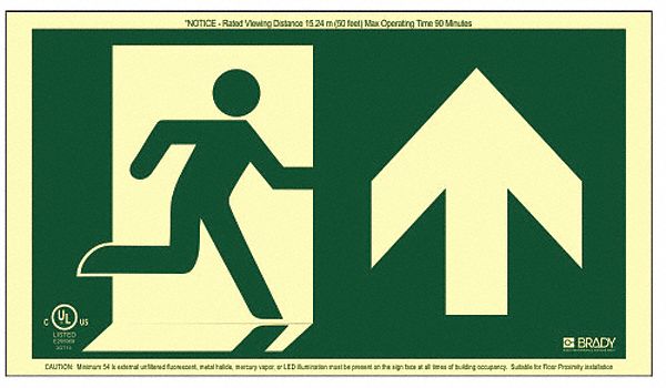 EXIT SIGN, RUNNING MAN ARROW UP, FRAMELESS, 15 X 8 1/8 IN