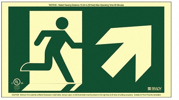EXIT SIGN, RUNNING MAN ARROW 45 °  UP RIGHT, NO FRAME, 15 X 8 1/8 IN