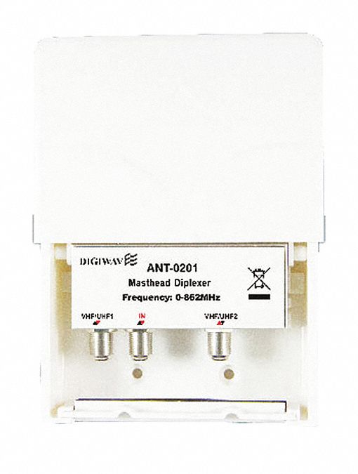 TV ANTENNA DIPLEXER, FOR OFF-AIR ANTENNA, 2 IN/1 OUT, 0 TO 862 MHZ, SILVER, 2 X 4 X 5 X 2 IN, METAL