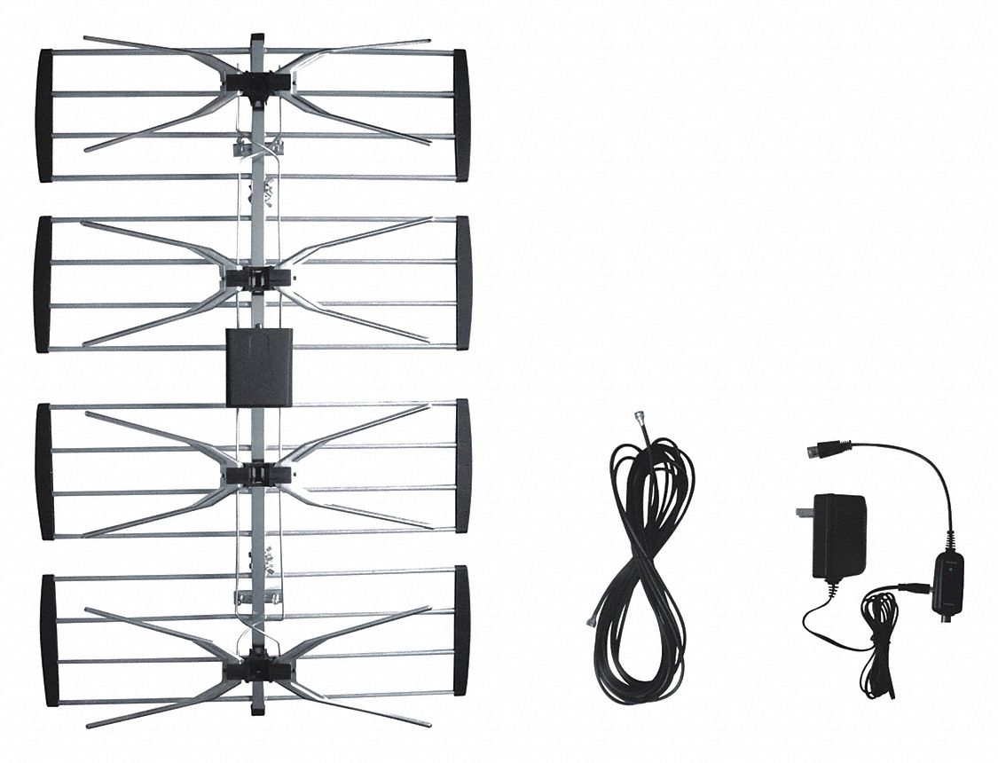 OUTDOOR TV ANTENNA, WITH BOOSTER, VHF/UHF, WATERPROOF, SILVER, 4 X 21 X 33 IN, ALUMINUM