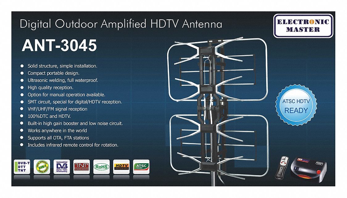 REMOTE CONTROL TV ANTENNA, UHF/VHF, WATERPROOF, SILVER, 5 X 32 X 26 IN, ALUMINUM