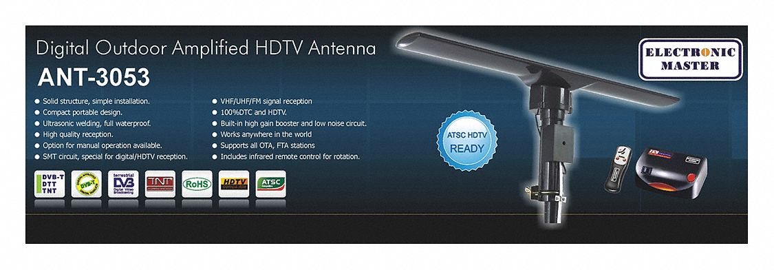 REMOTE CONTROL TV ANTENNA, FM/UHF/VHF, WATERPROOF, SILVER, 4 X 22 X 8 IN, ALUMINUM