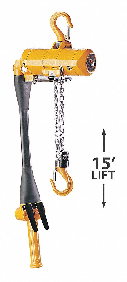 AIR HOIST, HOOK MOUNT, LD CAP 1 TON, 15 FT LIFT/11 FT PUSH BUTTON, 20 FPM, YELLOW