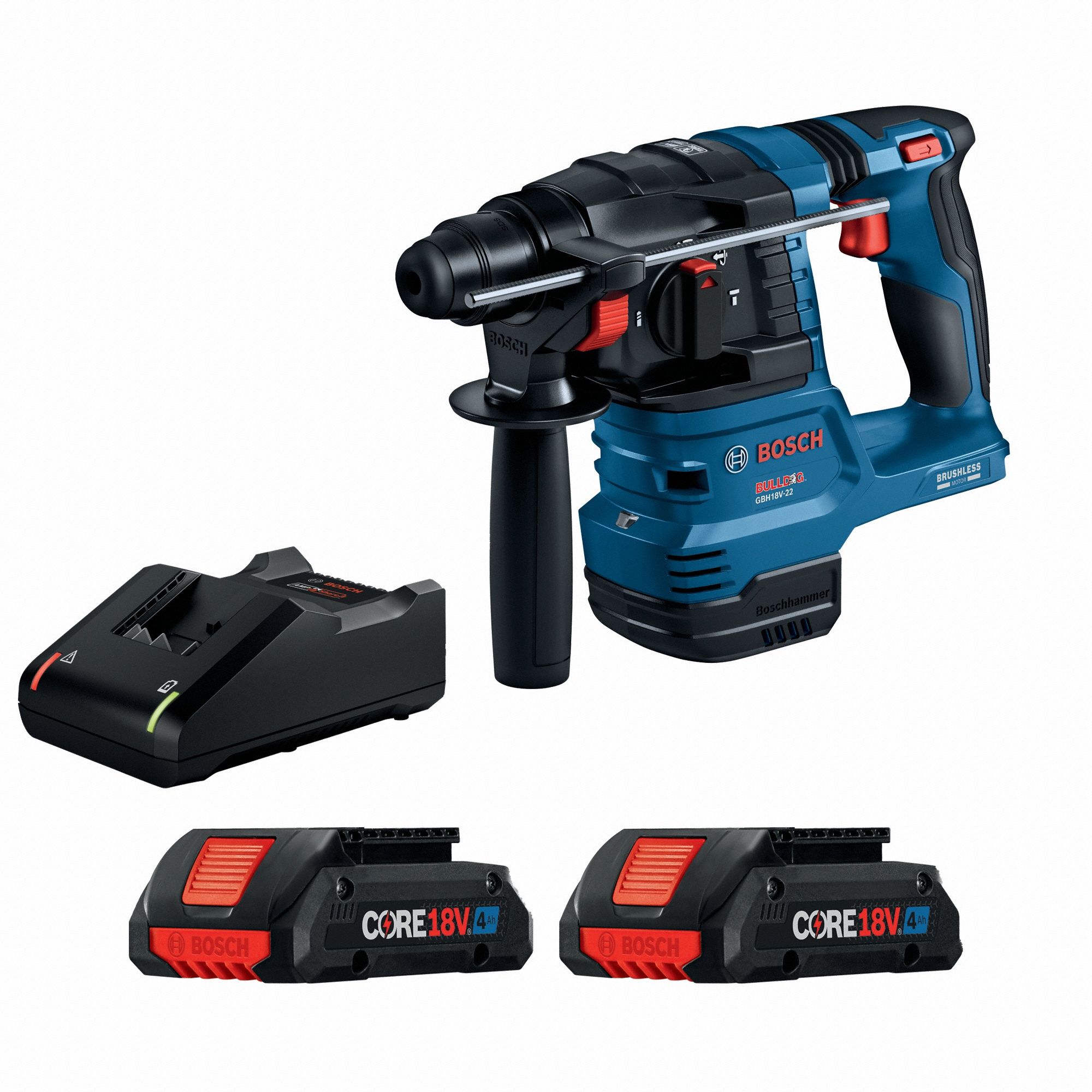 Rotary Hammer Kit: L-Shape, 18V DC, SDS-Plus, 3/4 in max, (2) 4.0 Ah, 1.4 ft-lb, 4, 675 bpm
