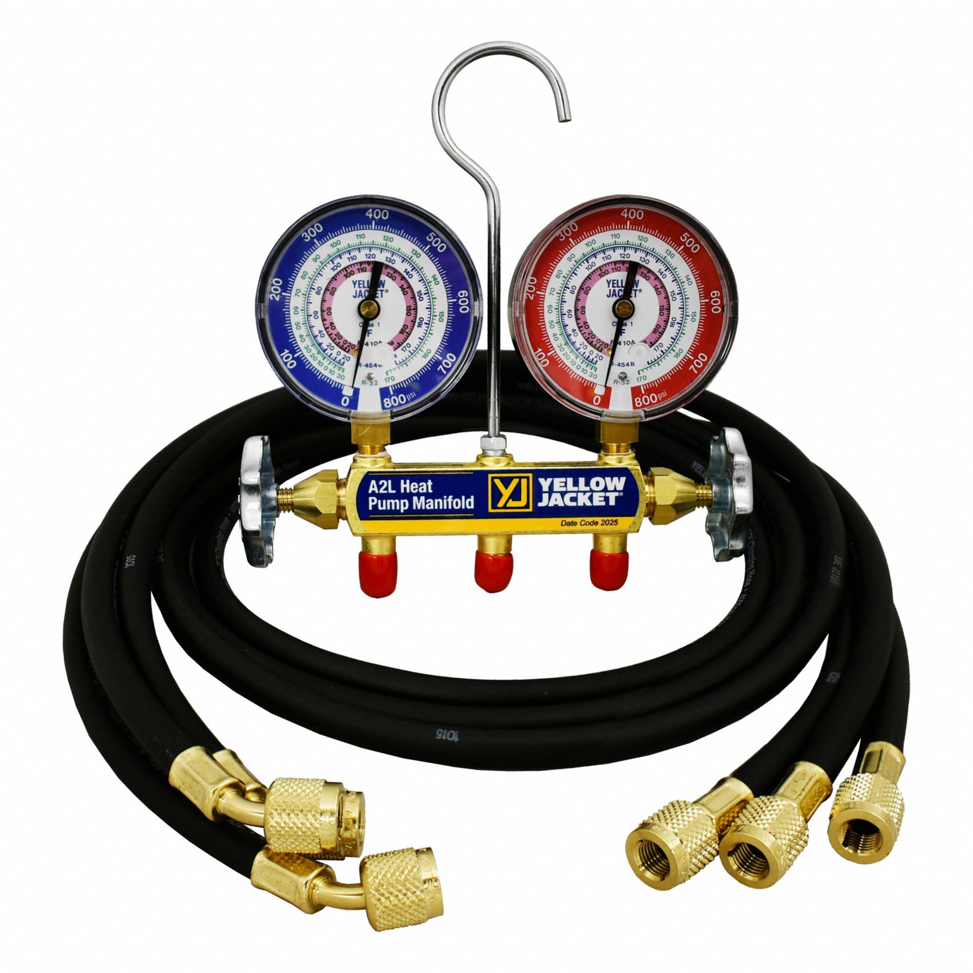 YELLOW JACKET Manifold Gauge: 2 Valves, 3 Hoses, Series Heat Pump Manifold, 3 1/8 in Gauge (MPN 42046). Key specifications — Hose Connection Type: SAE; Product Type: Single Manifold Gauge; For Refrigerant Type: R-454B; Brand: YELLOW JACKET; Includes: Hose; Gauge Boots: No; Sight Glass: No.