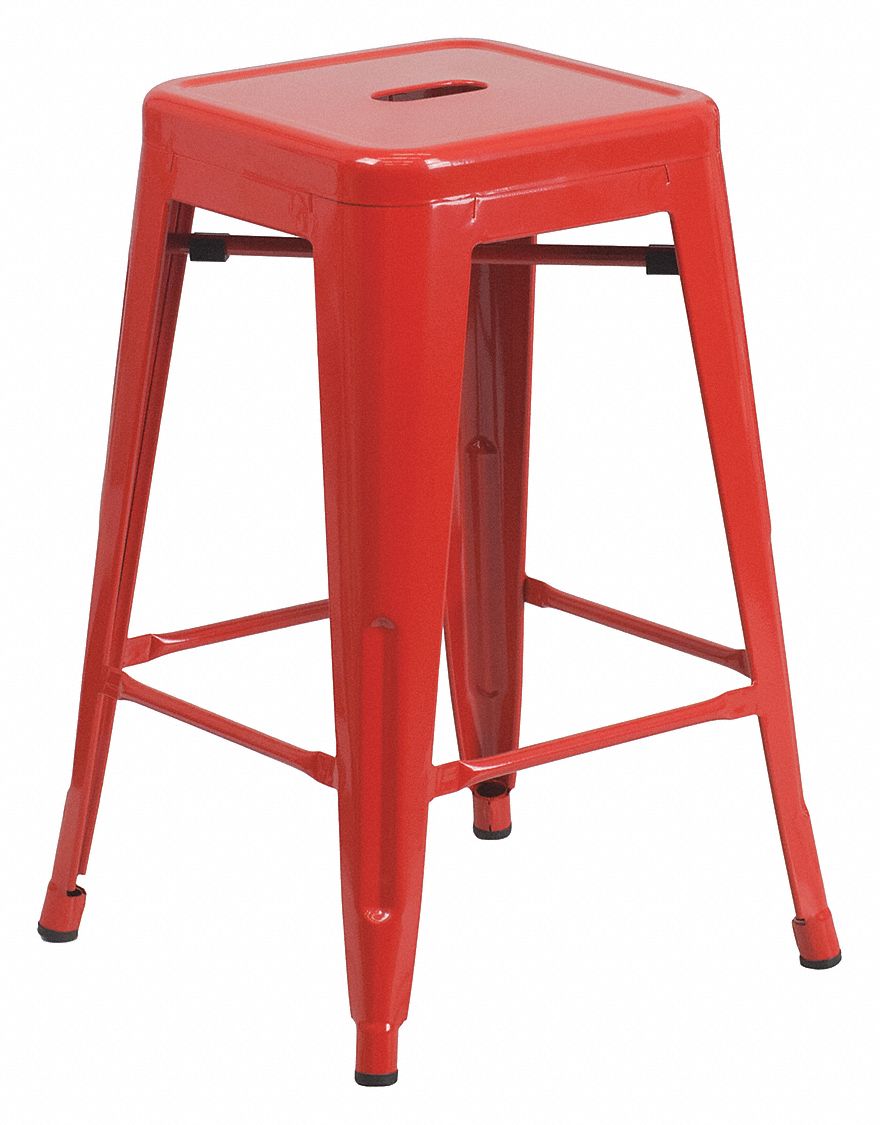 Stool: 24 in Overall Ht, 12 in Seat Wd, 24 in min to 24 in max, No Backrest, Red