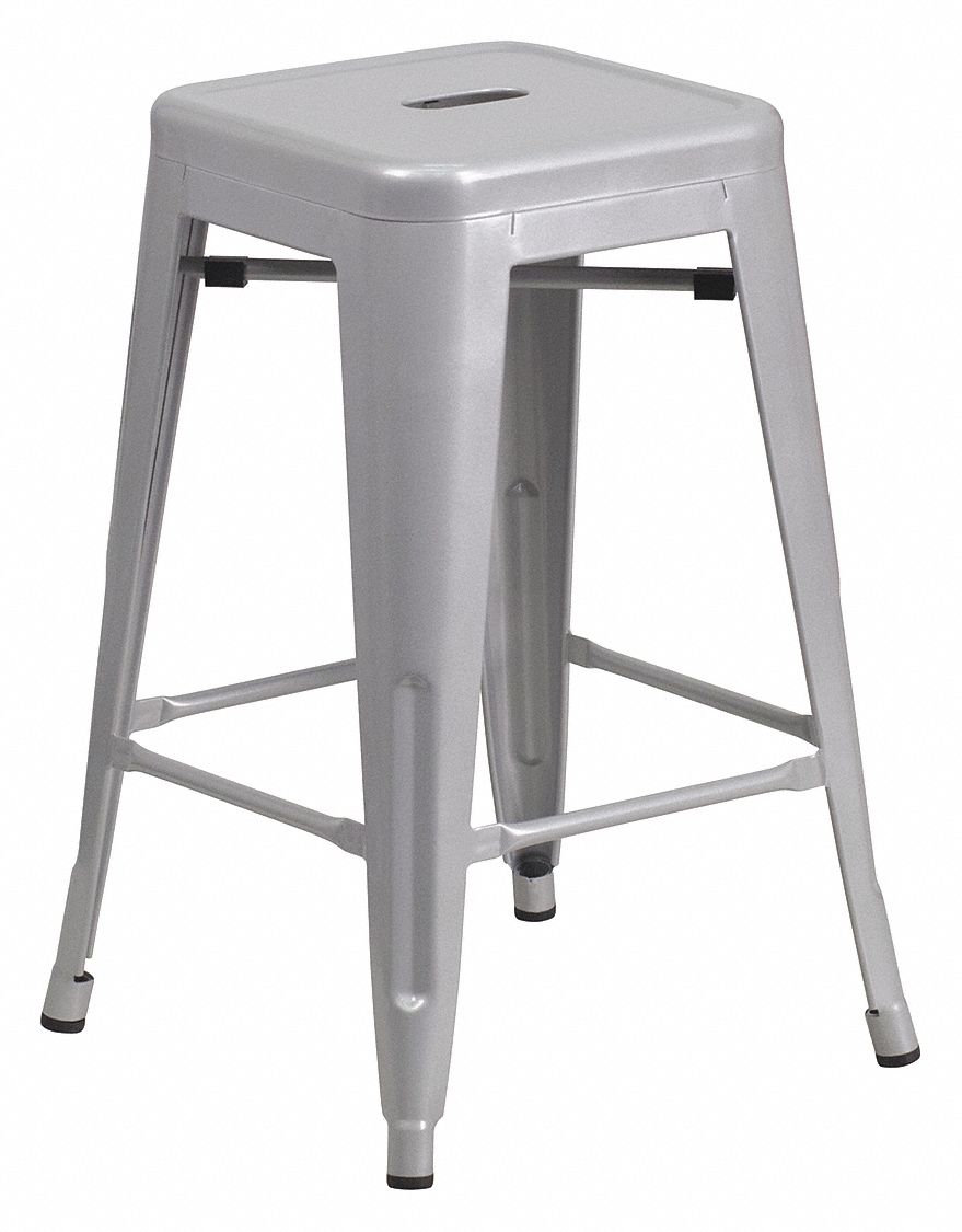 Stool: 24 in Overall Ht, 16 in Seat Wd, 24 in min to 24 in max, No Backrest, Silver