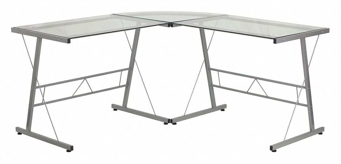 Office Desk: Glass, Clear, 0 Pedestals, 0 Drawers, 83 1/2 in Overall Wd, Metal Frame
