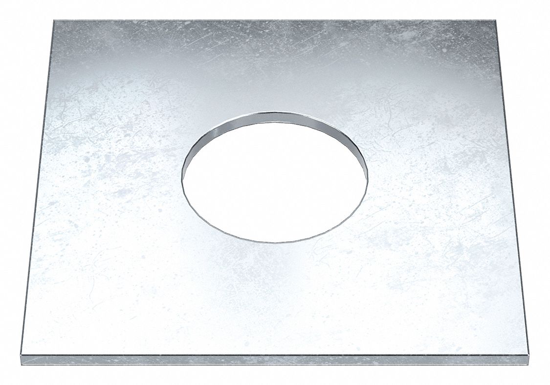 Square Washer: Case Hardened, Zinc Plated, Steel, 1 1/2 in Screw Sz, 1.563 in In Dia, 4 in Washer Lg