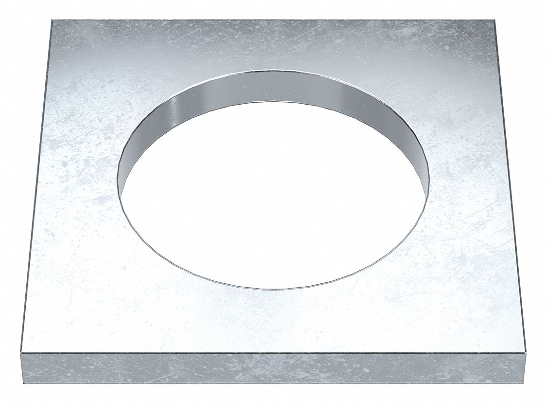 Square Washer: Case Hardened, Zinc Plated, Steel, 1 1/4 in Screw Sz, 1.313 in In Dia, 2 in Washer Lg