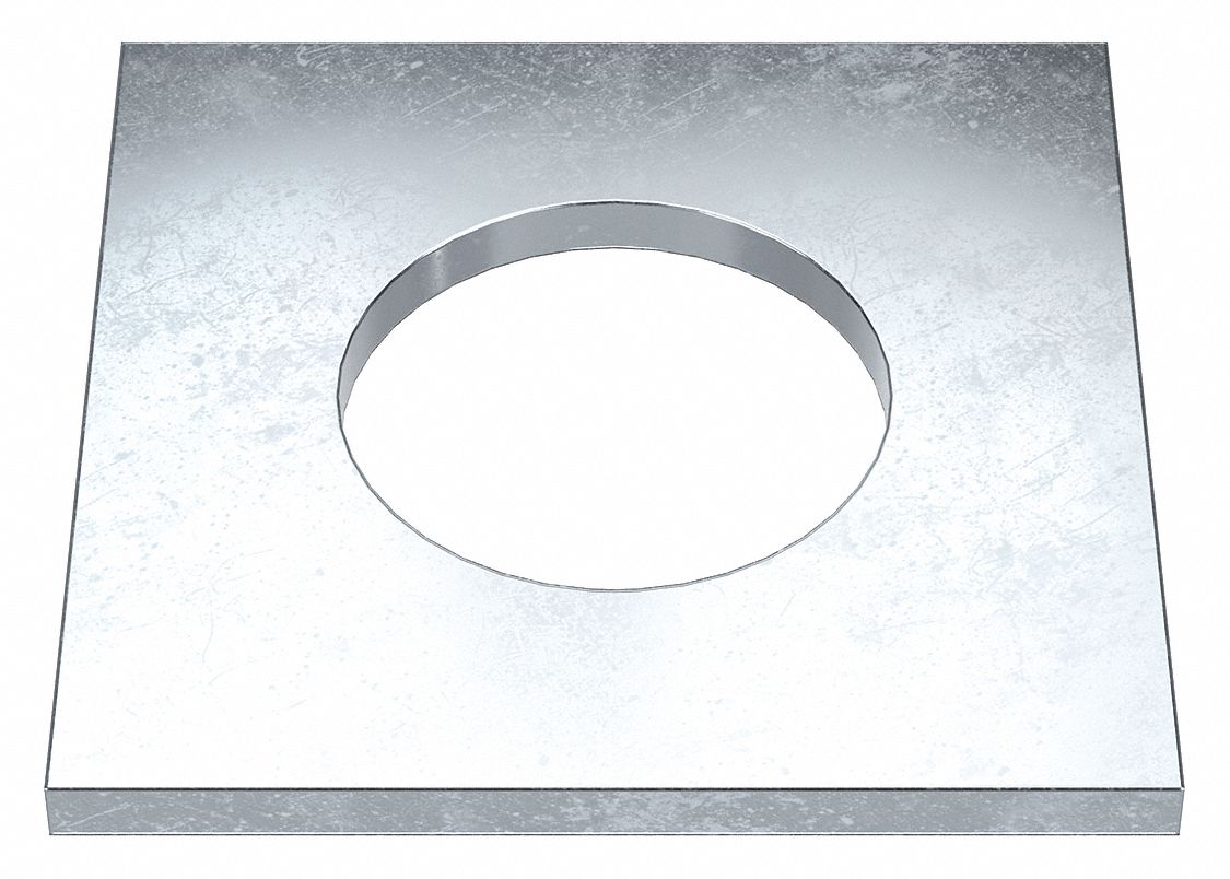 Square Washer: Case Hardened, Zinc Plated, Steel, 1 1/2 in Screw Sz, 1.563 in In Dia, 3 in Washer Lg