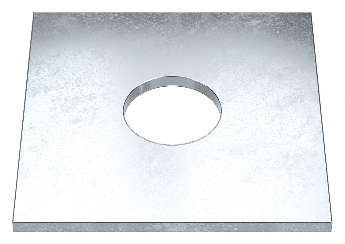 Square Washer: Case Hardened, Zinc Plated, Steel, 1 1/4 in Screw Sz, 1.313 in In Dia, 4 in Washer Lg