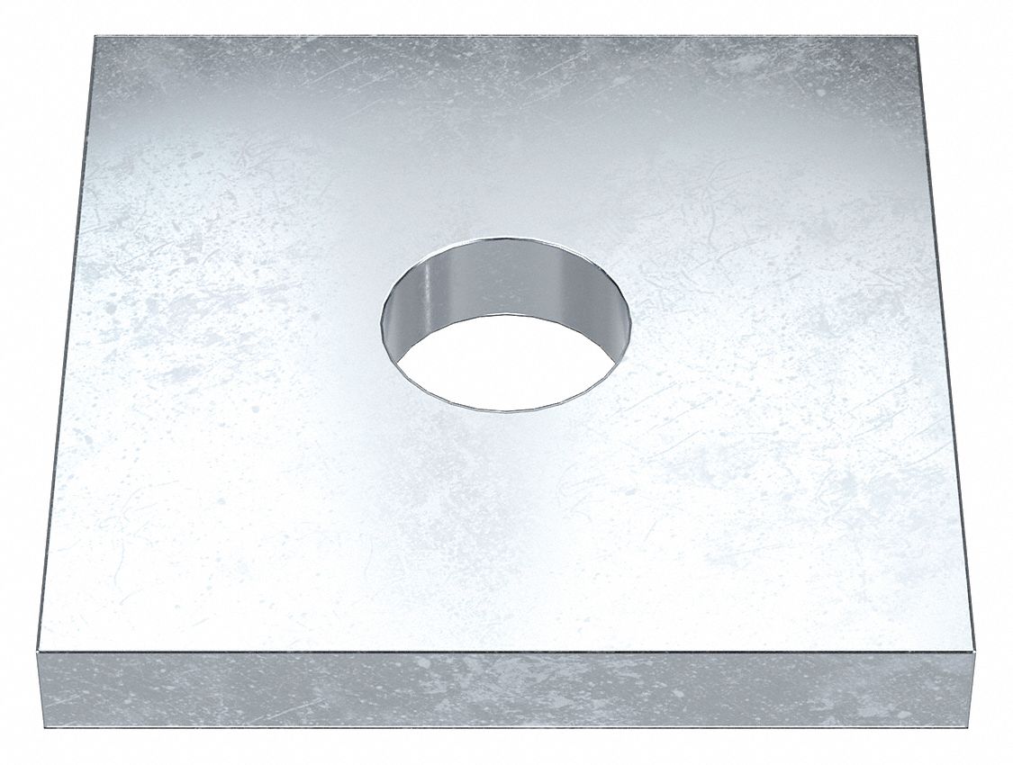 Square Washer: Case Hardened, Zinc Plated, Steel, 1/2 in Screw Sz, 0.563 in In Dia, 2 in Washer Lg