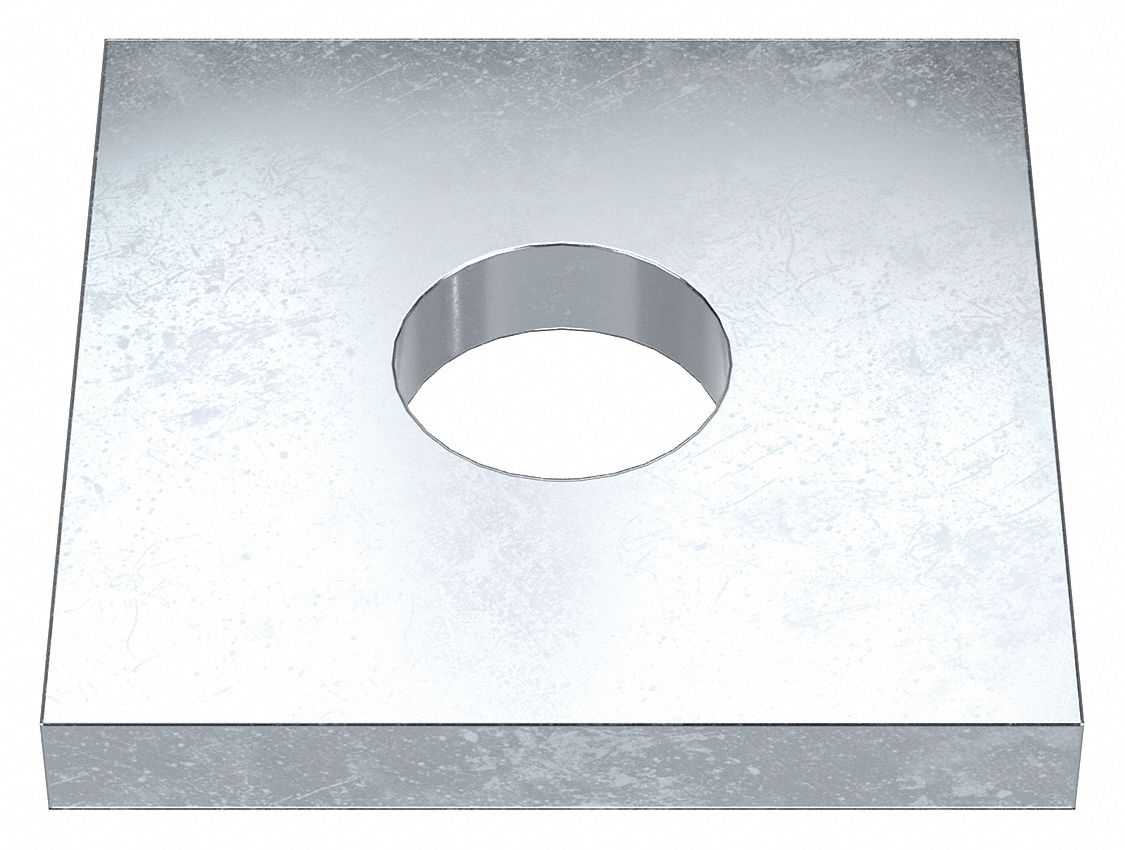 Square Washer: Case Hardened, Zinc Plated, Steel, 7/8 in Screw Sz, 0.688 in In Dia, 2 in Washer Lg