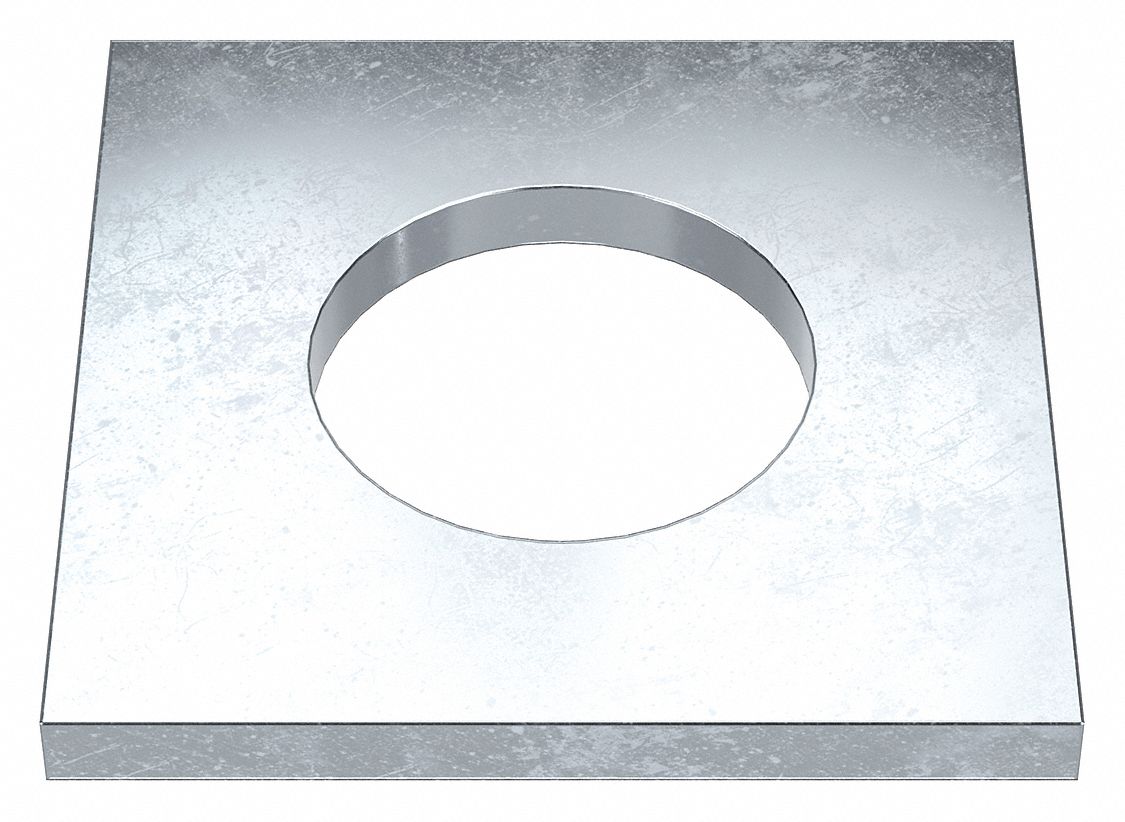 Square Washer: Case Hardened, Zinc Plated, Steel, 1 1/2 in Screw Sz, 1.563 in In Dia, 3 in Washer Lg