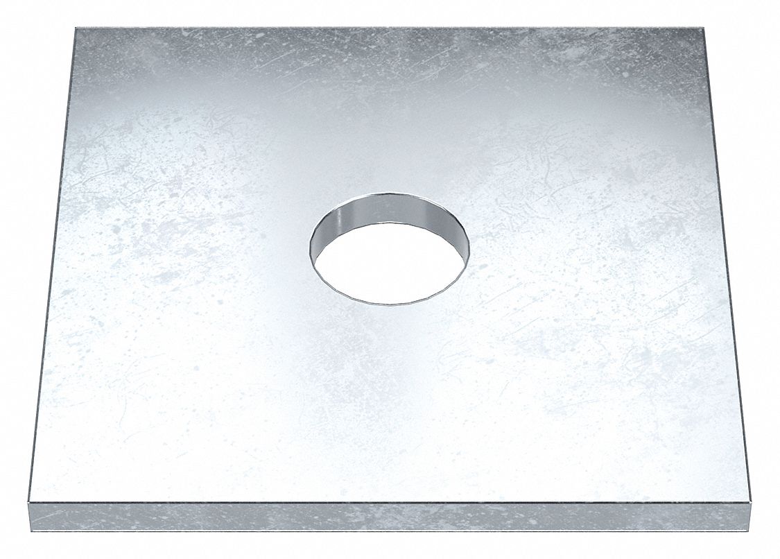 Square Washer: Case Hardened, Zinc Plated, Steel, 7/8 in Screw Sz, 0.938 in In Dia, 4 in Washer Lg