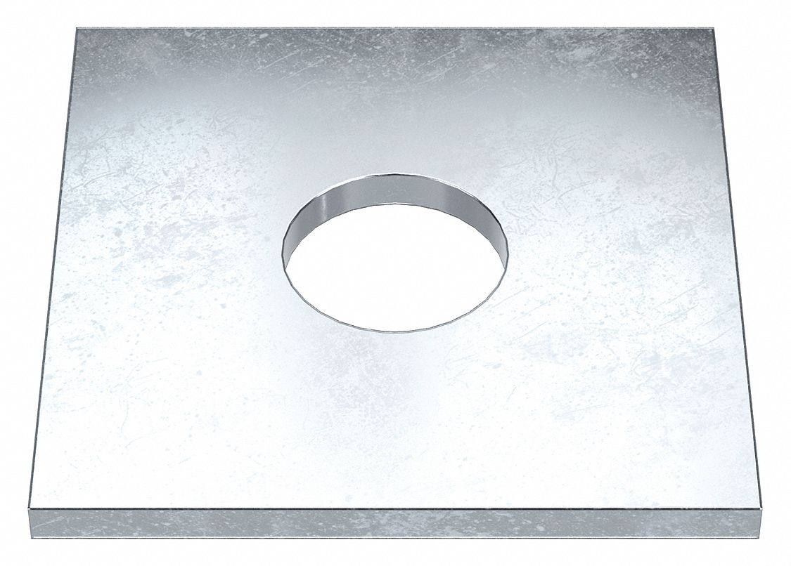 Square Washer: Case Hardened, Zinc Plated, Steel, 1 1/4 in Screw Sz, 1.313 in In Dia, 4 in Washer Lg
