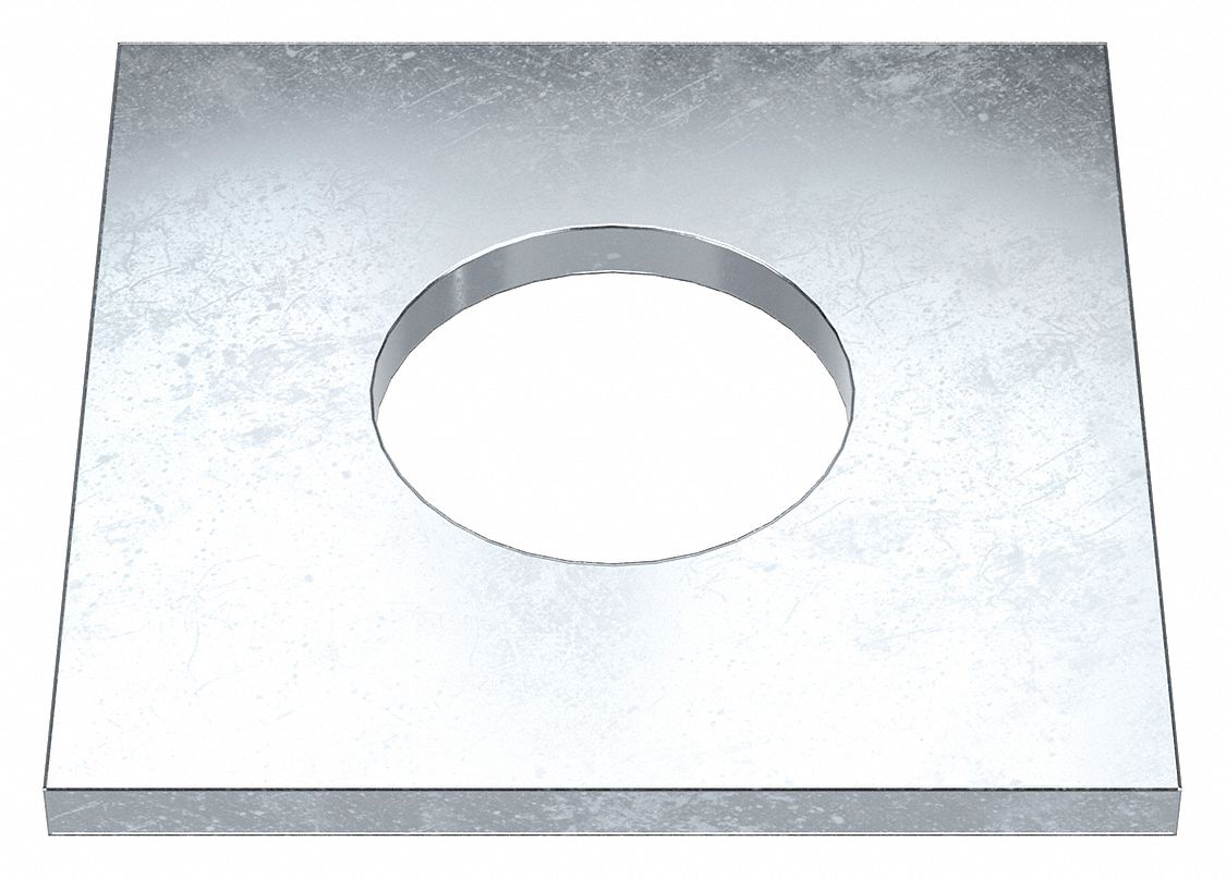 Square Washer: Case Hardened, Zinc Plated, Steel, 1 3/4 in Screw Sz, 1.813 in In Dia, 4 in Washer Lg