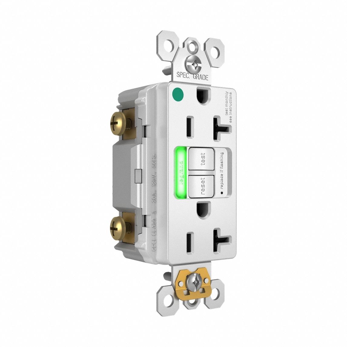 GFCI Receptacle: Duplex, 5-20R, 20 A, 125V AC, White, 2 Pole / 3 Wire Poles & Wires