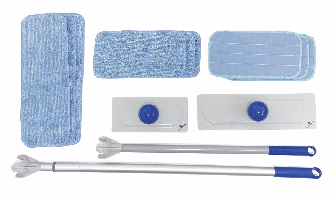 Mop Starter Kit: 11 in_16 in Mop Head Wd, 5 in Mop Head Dp, Silver, Microfiber, Blue