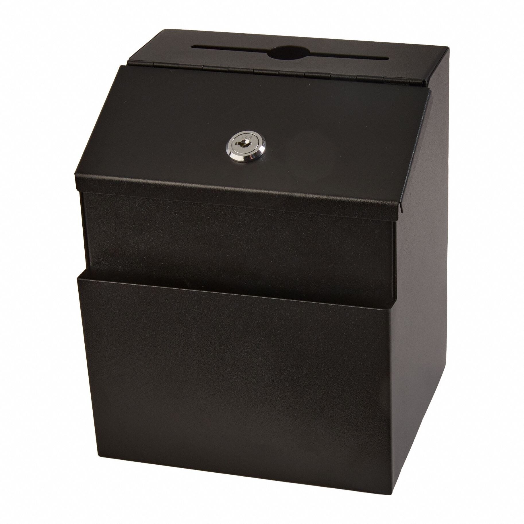 Suggestion Box: Steel, 8 1/2 in Overall Ht, 7 1/4 in Overall Wd, 6 in Overall Dp, Black