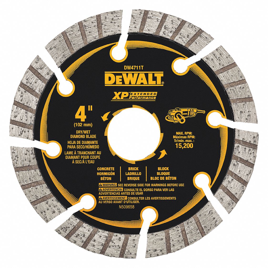 DIAMOND SAW BLADE, TURBO/SEGMENTED, 4 IN DIA, ⅞ IN, WET/DRY, 15200 RPM, FOR MASONRY