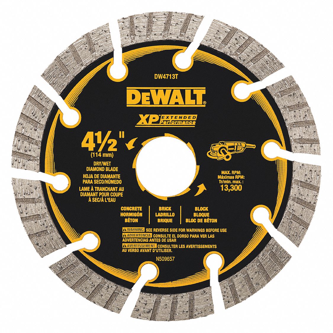 DIAMOND SAW BLADE, SEGMENTED, 4½ IN DIA, ⅝ IN, DRY/WET, 13300 RPM, FOR MASONRY SAW