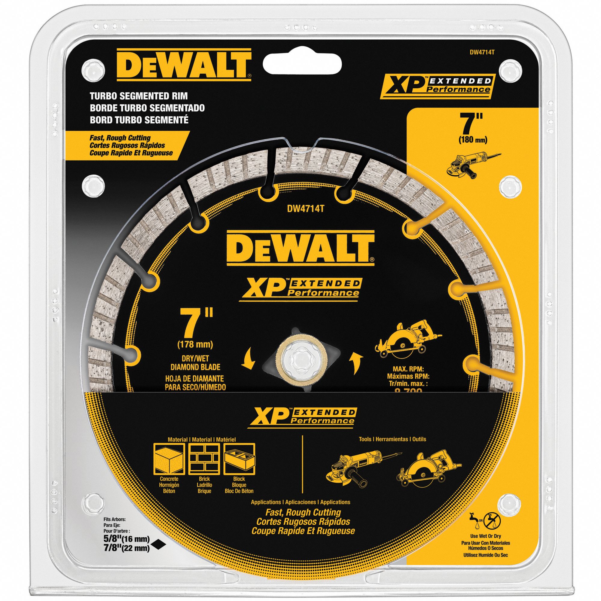 DEWALT Diamond Saw Blade 7 in Blade Dia., 5/8 in Arbor Size, Wet/Dry, Best, Turbo/Segmented
