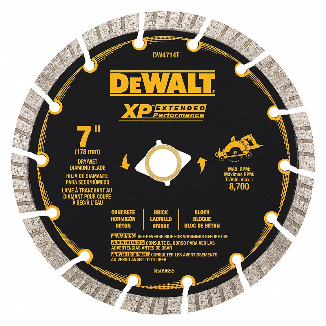 LAME DE SCIE DIAMANTÉE, TURBO/SEGMENTÉE, 7 PO DIAM, ⅝ PO, HUMIDE/SEC, 8 700 TR/MIN, P/SCIE MAÇONNERIE