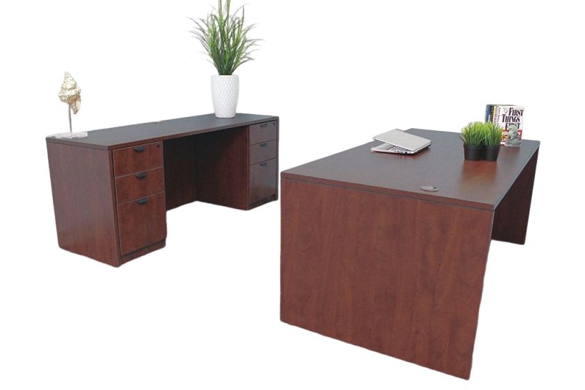 Office Furniture Kit with Fixed-Height Desk: Mahogany, 71 in Overall Wd