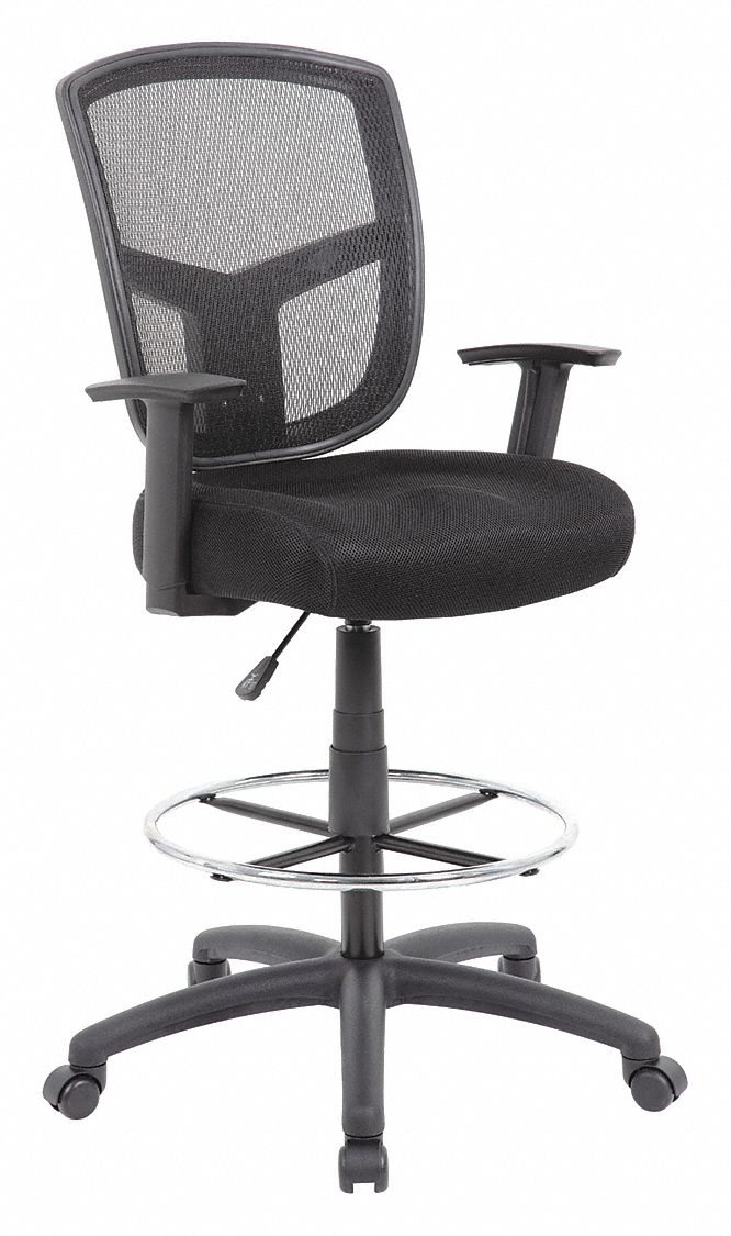 Drafting Chair: Black, Mesh Material, Adj Arms Arm, 19 in Seat Wd, 19 in Seat Dp, Black Frame