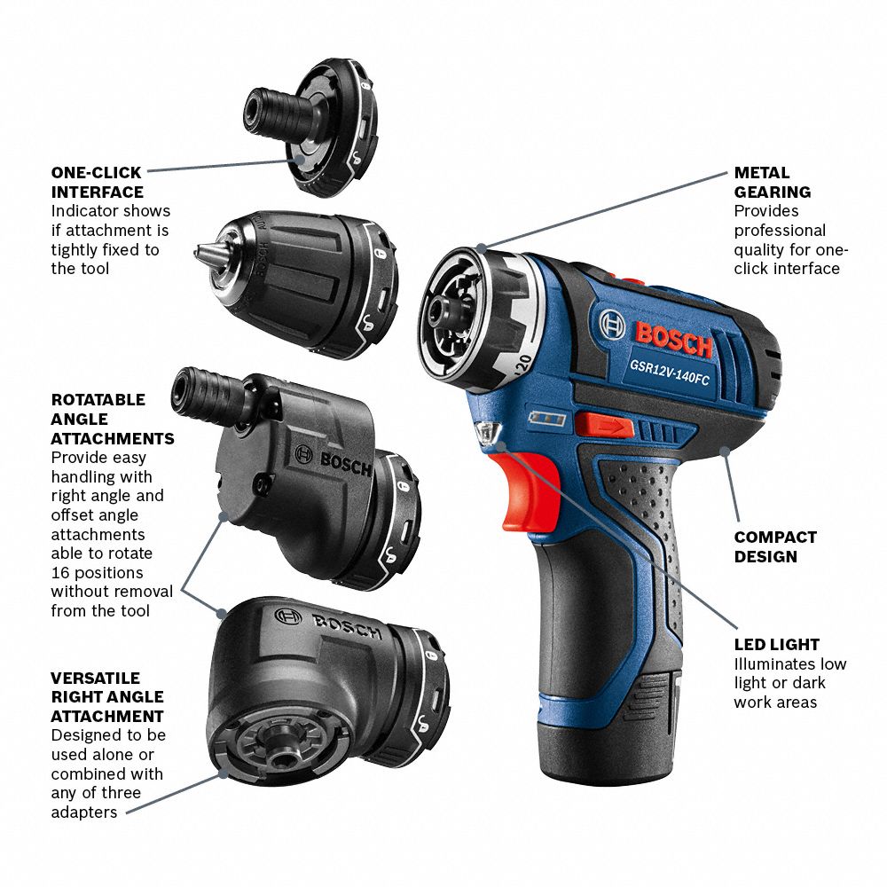 BOSCH Drill Kit, Cordless, 0 inlb to 265 inlb, 1/2 in Chuck Size