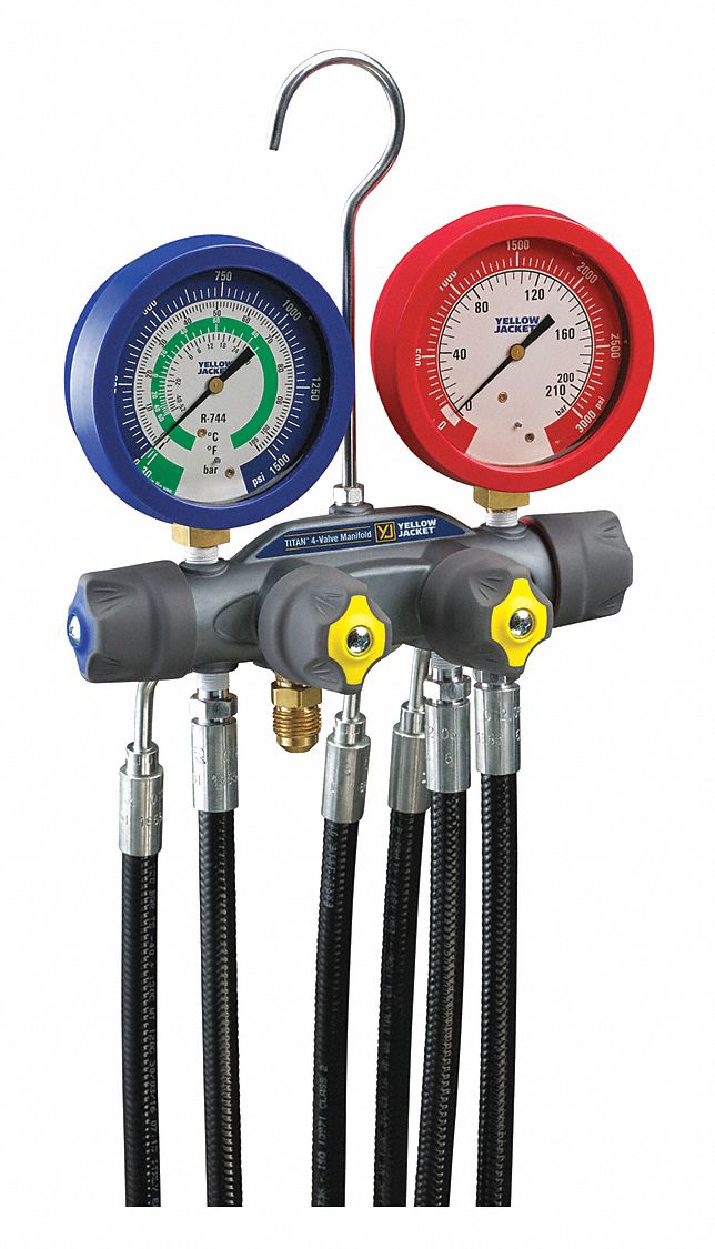 Manifold Gauge: 4 Valves, 4 Hoses, Series Titan, 3 1/8 in Gauge, For R-744