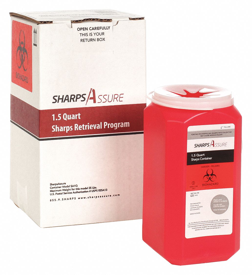 Sharps Container: 1.5 qt Capacity, Red, Snap, 7 in Ht, 3 3/4 in Lg, 3 3/4 in Wd