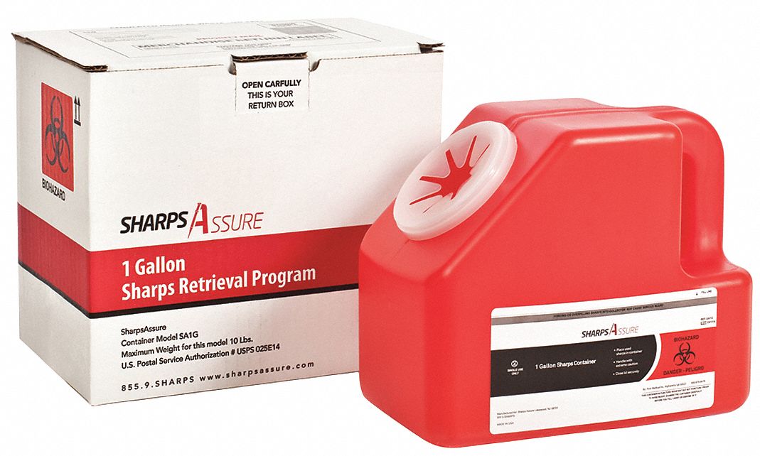 Sharps Container: 1 gal Capacity, Red, Snap, 7 Ht, 11 in Lg, 9 in Wd, Sharps Disposal