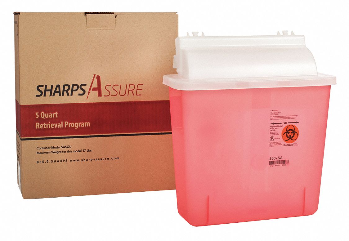 Sharps Container: 5 qt Capacity, Red, Snap, 10 in Ht, 5 in Lg, 10 in Wd