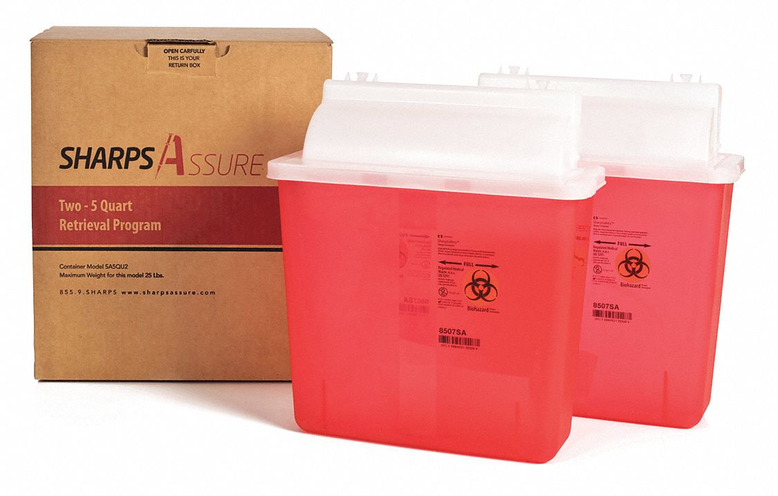 Sharps Container: 5 qt Capacity, Red, Snap, 10 in Ht, 5 in Lg, 10 in Wd