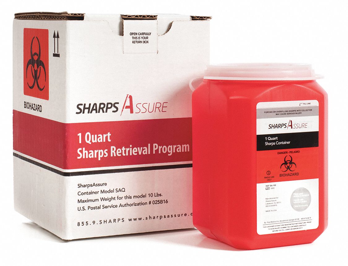Sharps Container: 1 qt Capacity, Red, Snap, 3 in Ht, 3 in Lg, 6 in Wd, Sharps Disposal